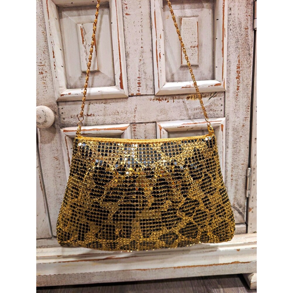 Vintage Gold Mesh Leopard Print Crossbody Shoulder Bag Chain Evening Clutch